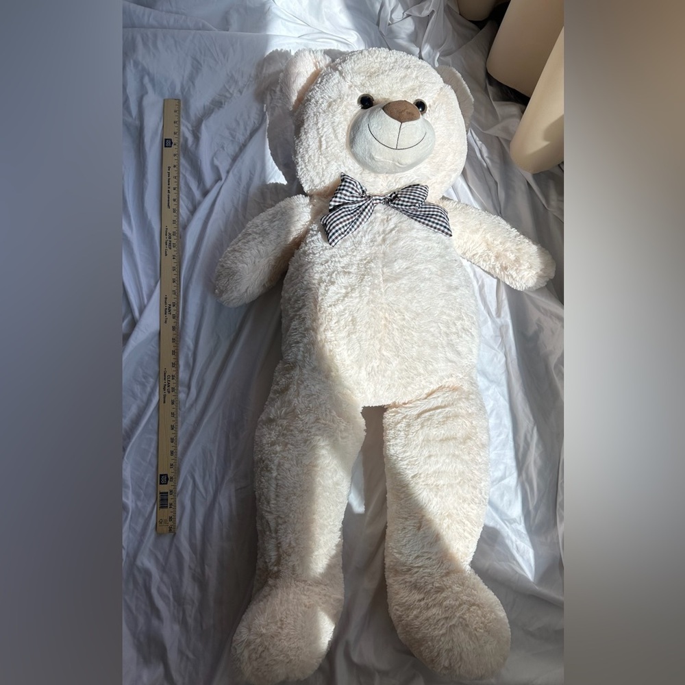 Adorable Cream Plush Bear with Checkered Bow